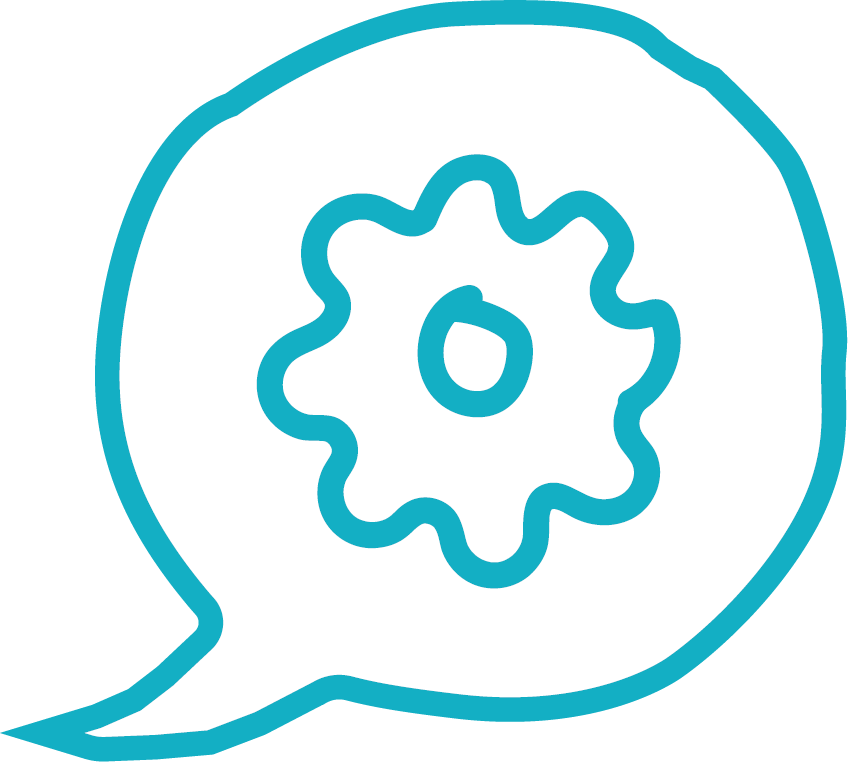 Blue speech bubble with image of a cog inside